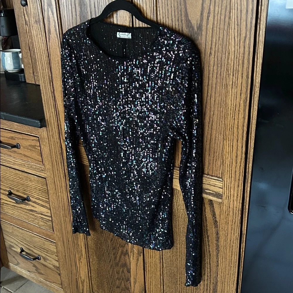 Intimately Free People Gold Rush Sequin Black Long Sleeve Tee Multi‎ Colored